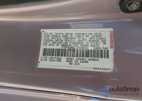 2001 Toyota Mr2 Spyder z USA, uszkodzony, nr VIN JTDFR320110038921